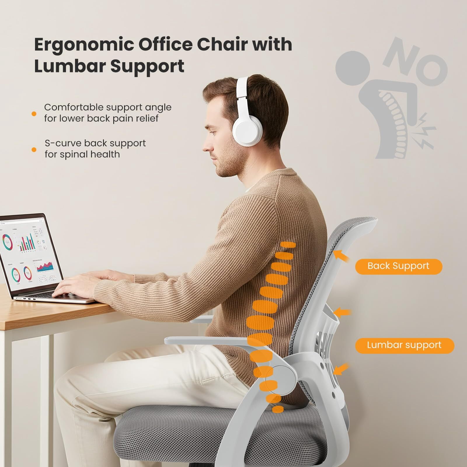 Kelno Ergonomic Mesh Office Chair Mid Back Desk Chair with Lumbar Support Flip-up Armrests Adjustable Height Swivel Task Chair, Gray