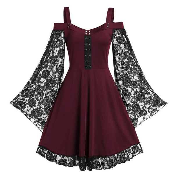 ICHUANYI Clearance Fashion Sexy Women Patchwork Skull Lace Splicing Long Sleeve Vintage(Wine, XXL) ICHUANYI WER2023080806306