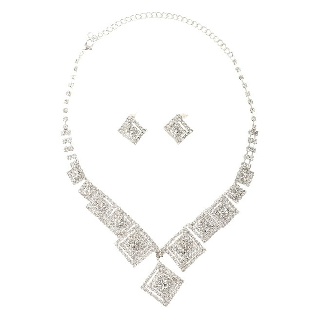 Luxury Wedding Bride Jewelry Rhombus Pendant Necklace Earring Set jinwen Prom de la joyería