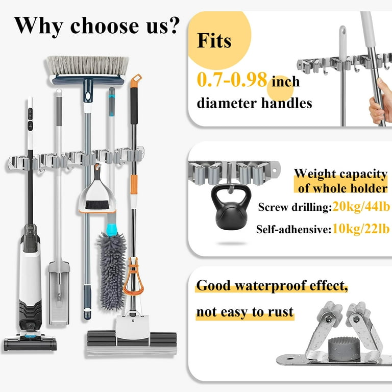 Fabulas Stainless Steel Wall Mount Broom Holder with 5 Racks and 4
