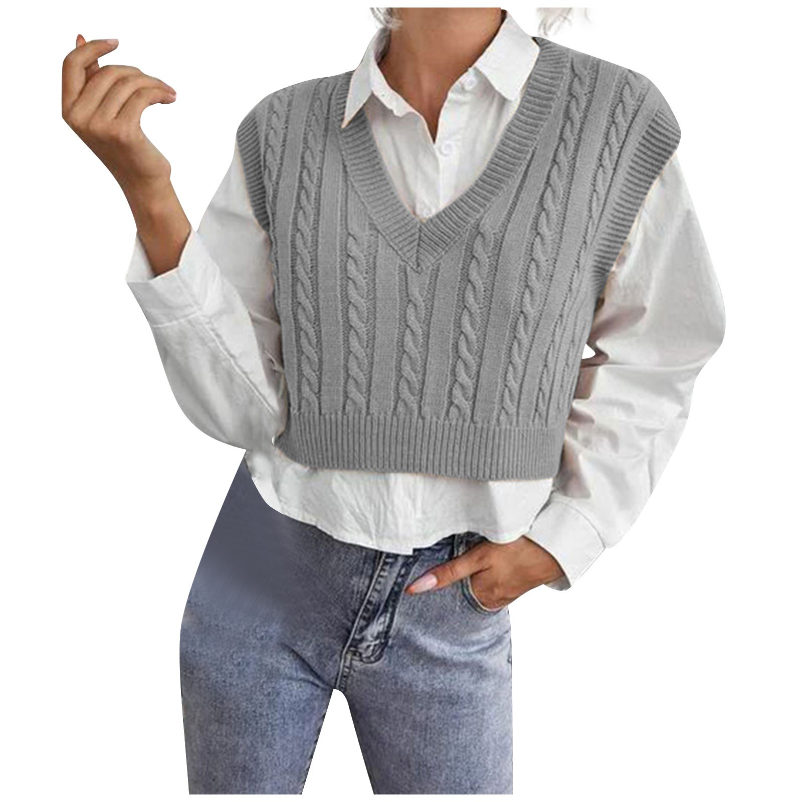 Women's Cable Knit Sweater Vest - V Neck Button Down Sleeveless Cardigan With Pockets