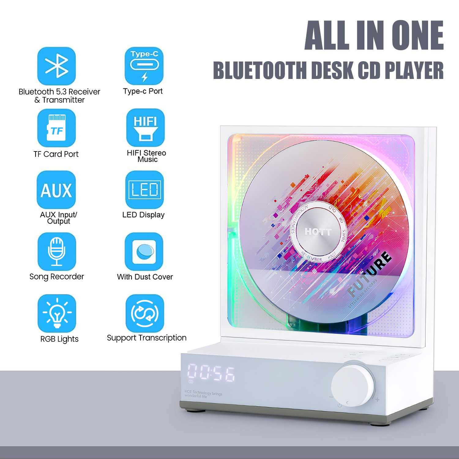 HOTT CD Player Portable Bluetooth Desktop CD Player for Home with Timer Built-in HiFi Speakers Radio CD Player with LCD Display RGB Light Support AUX USB TF Card Playback,CD Disc Transcript To TF Card - image 2 of 9