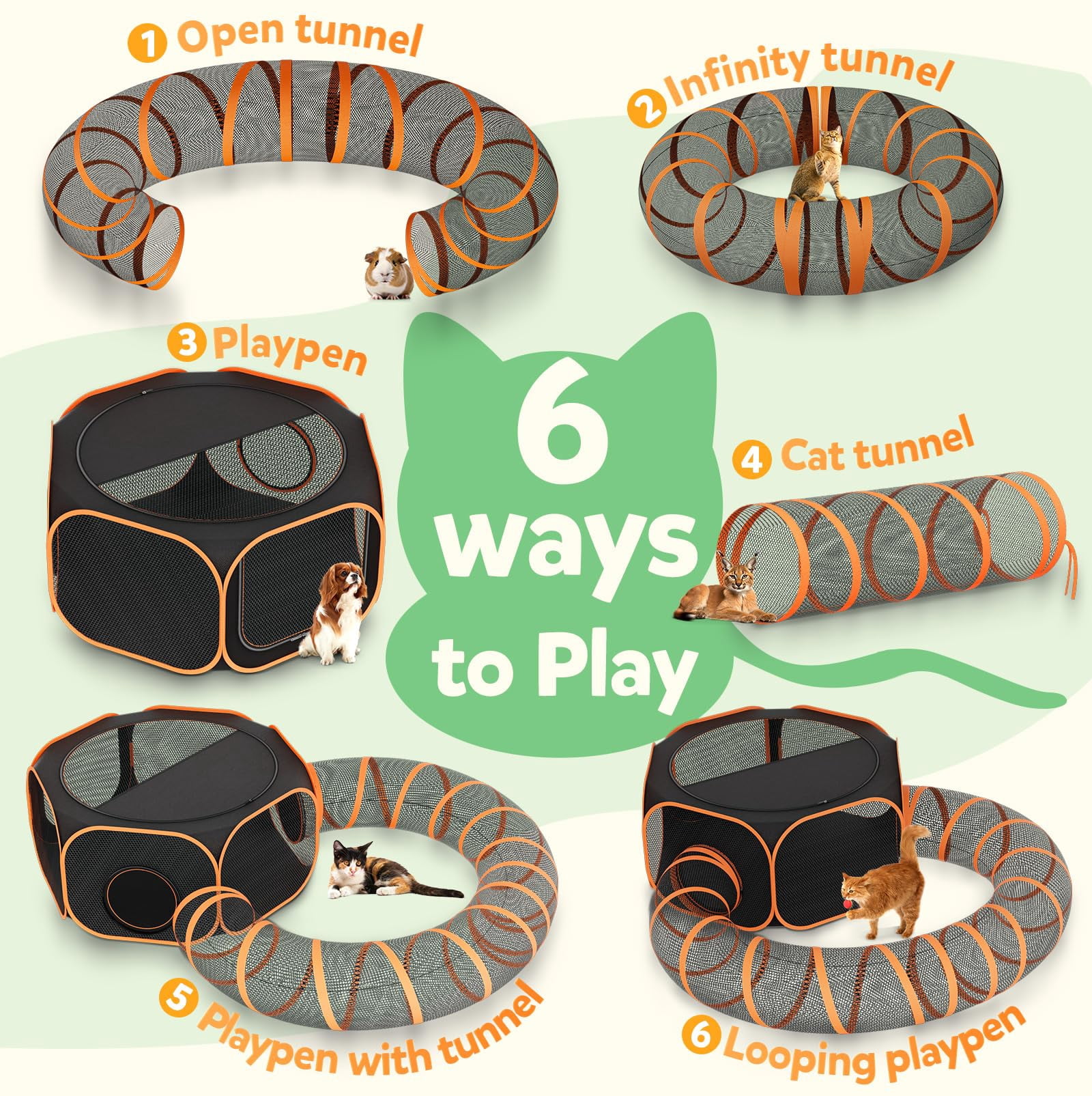Cat Outdoor Enclosures Tunnel Playpen - Portable Indoor Collapsible Cats Enclosure With Shade Cover 2 Tunnels For Large Small Pets Animal Outside Catio Happy Travel Camping Yard