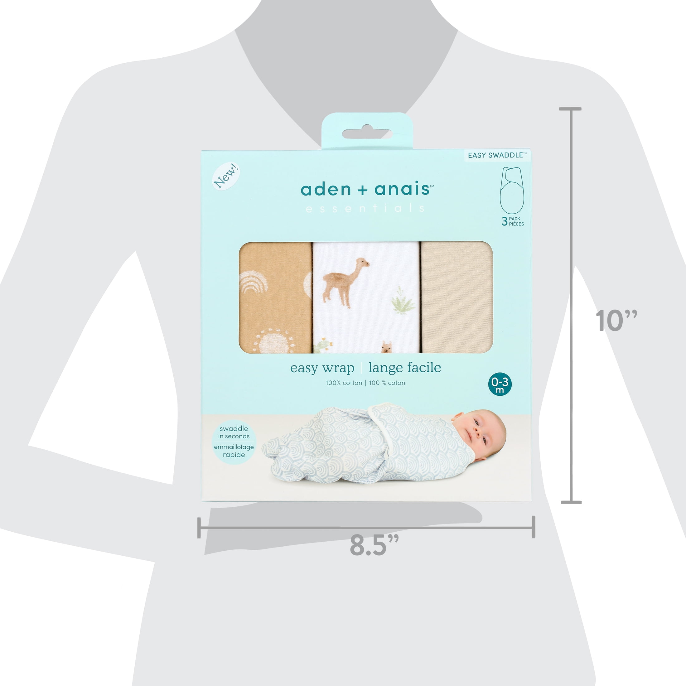 aden + anais Essentials No Zip Wrap Swaddles, Desert Sun, Tan, Unisex, Newborn, 0-3 Months, 3-Pack