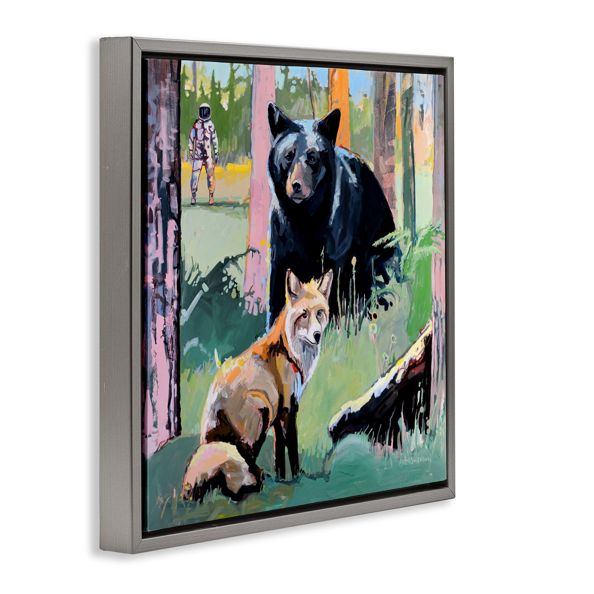 Forest Animals in Deep Space Gray Framed Floater Canvas Wall Art, design by Adam Swanson