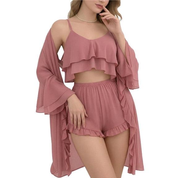 Ausing Women Lingerie Set Mesh Cami Top Shorts Ruffle Kimono Robe Sleepwear Nightgown 3 Piece Sleepwear for Anniversaries L Pink