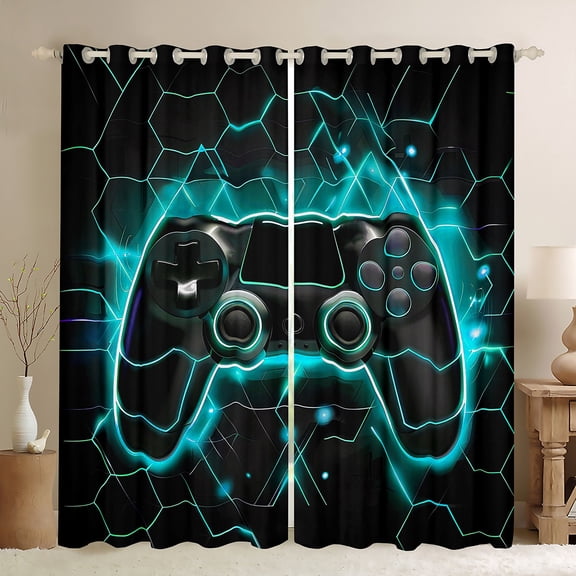 Feelyou Cyan Games Controller Black Out Curtains, Abstract Stripes Curtains Pack of 2 (42x63 Each), Teens Kids Boys Girls Bedroom Curtains, Window Curtains Decor