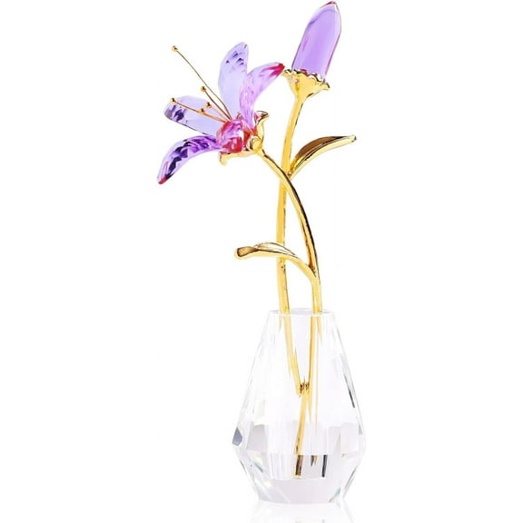 Crystal Lily Flower Figurine with Vase, Handmade Wedding Gifts for Couple, Home Decorations,Purple Golden ﻿