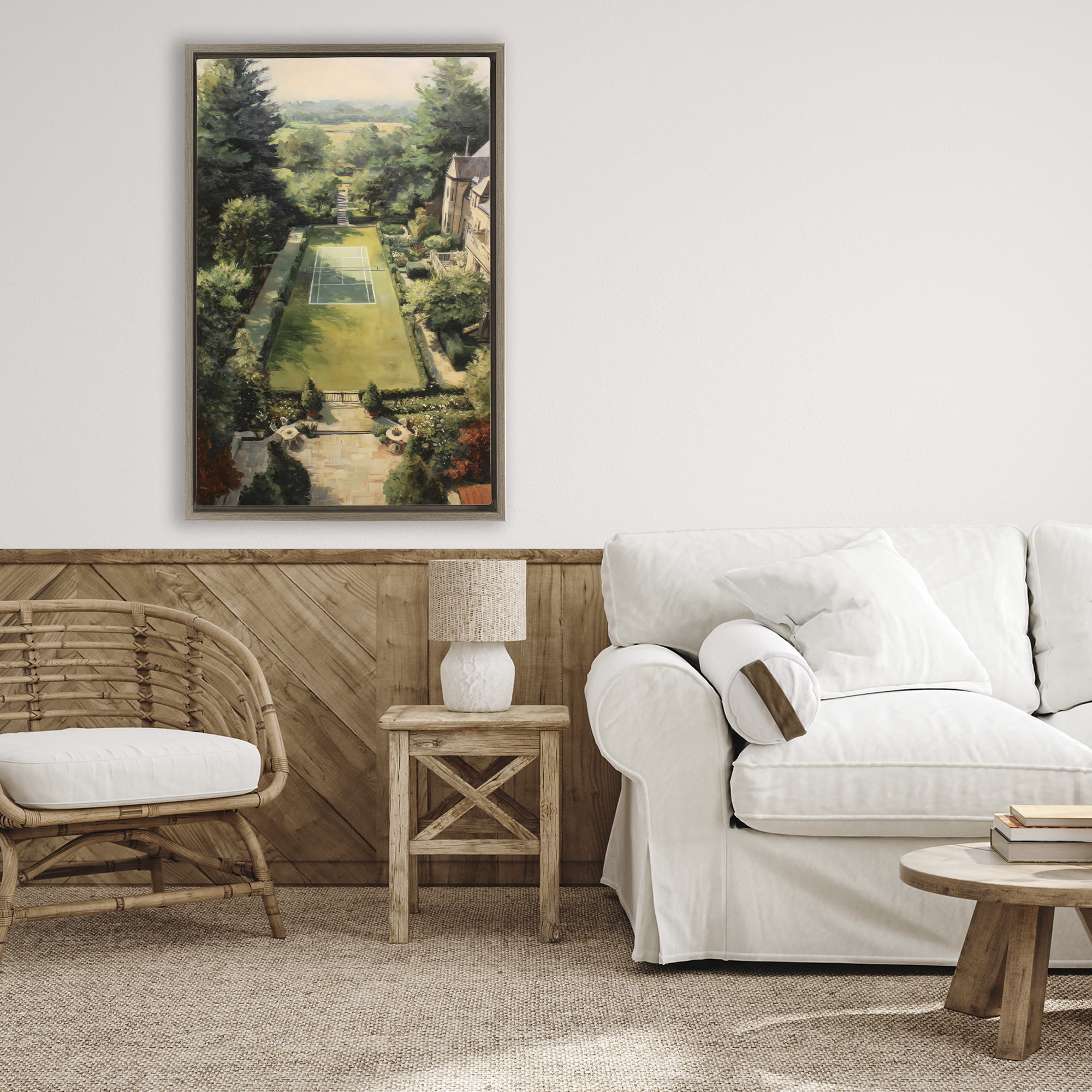 Stupell Industries Vintage Tennis At The Manor Brown Framed Floater Canvas Wall Art, design by Petal Prints Design
