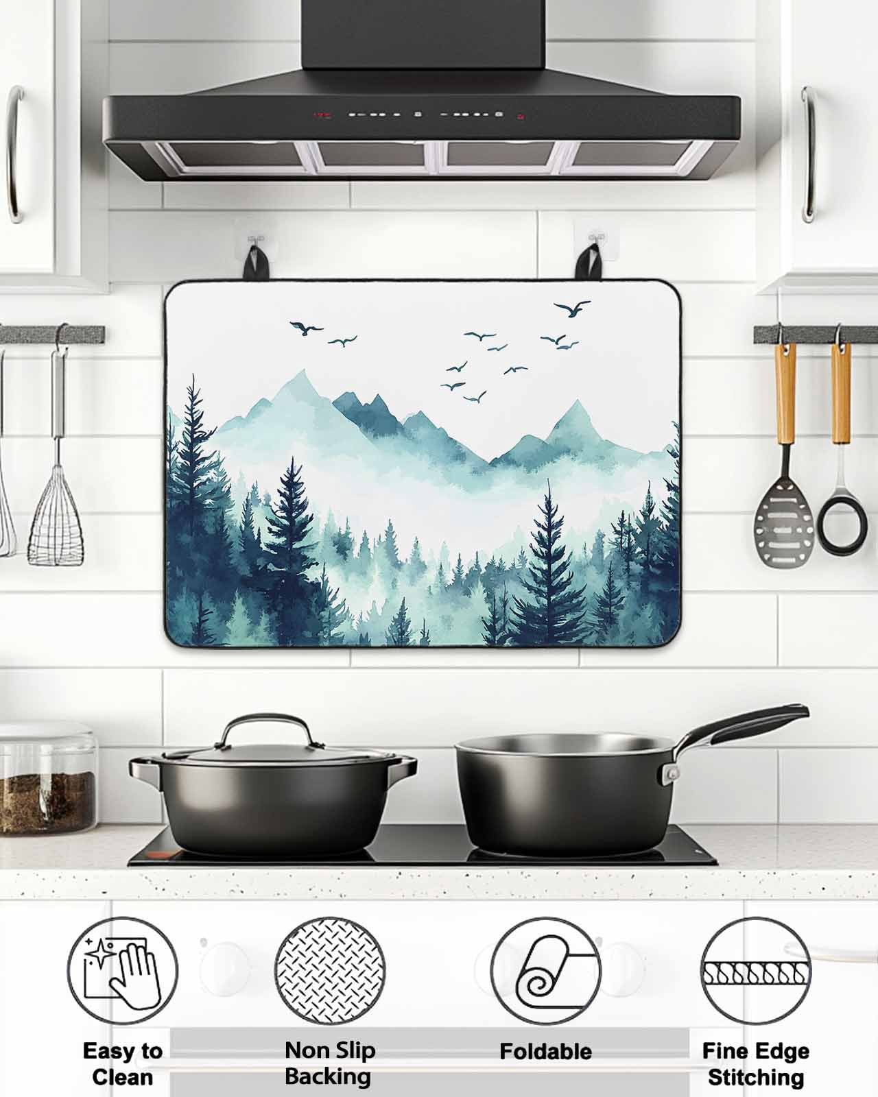 Stove Top Covers for Electric Stove, Turquoise Forest Glass Stovetop Cover Protector, Mountains Birds Fog Tree Scenery Induction Cooktop Protector Oven Mat for Kitchen Countertop 24"x21"