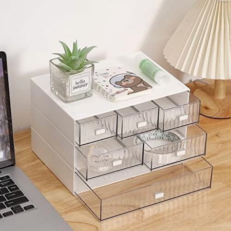 Desk Organizer Stackable Storage with 6 Drawers Stackable Drawers for Desk Storage Makeup Storage Accessories Desktop Accessories with Drawers White