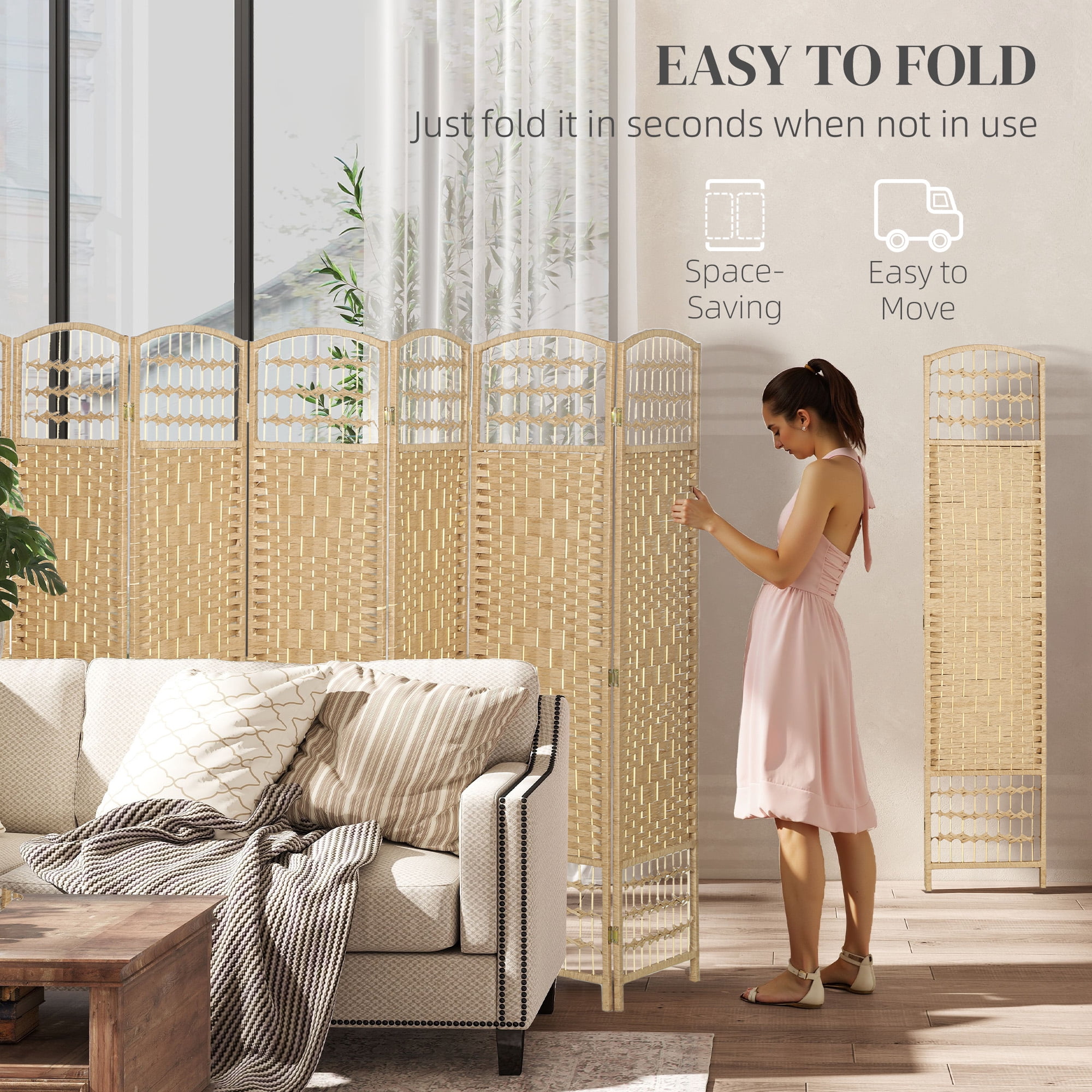 HOMCOM 8 Panel Room Divider, Folding Privacy Screen, 5.6' Room Separator, Wave Fiber Freestanding Partition Wall Divider, Natural