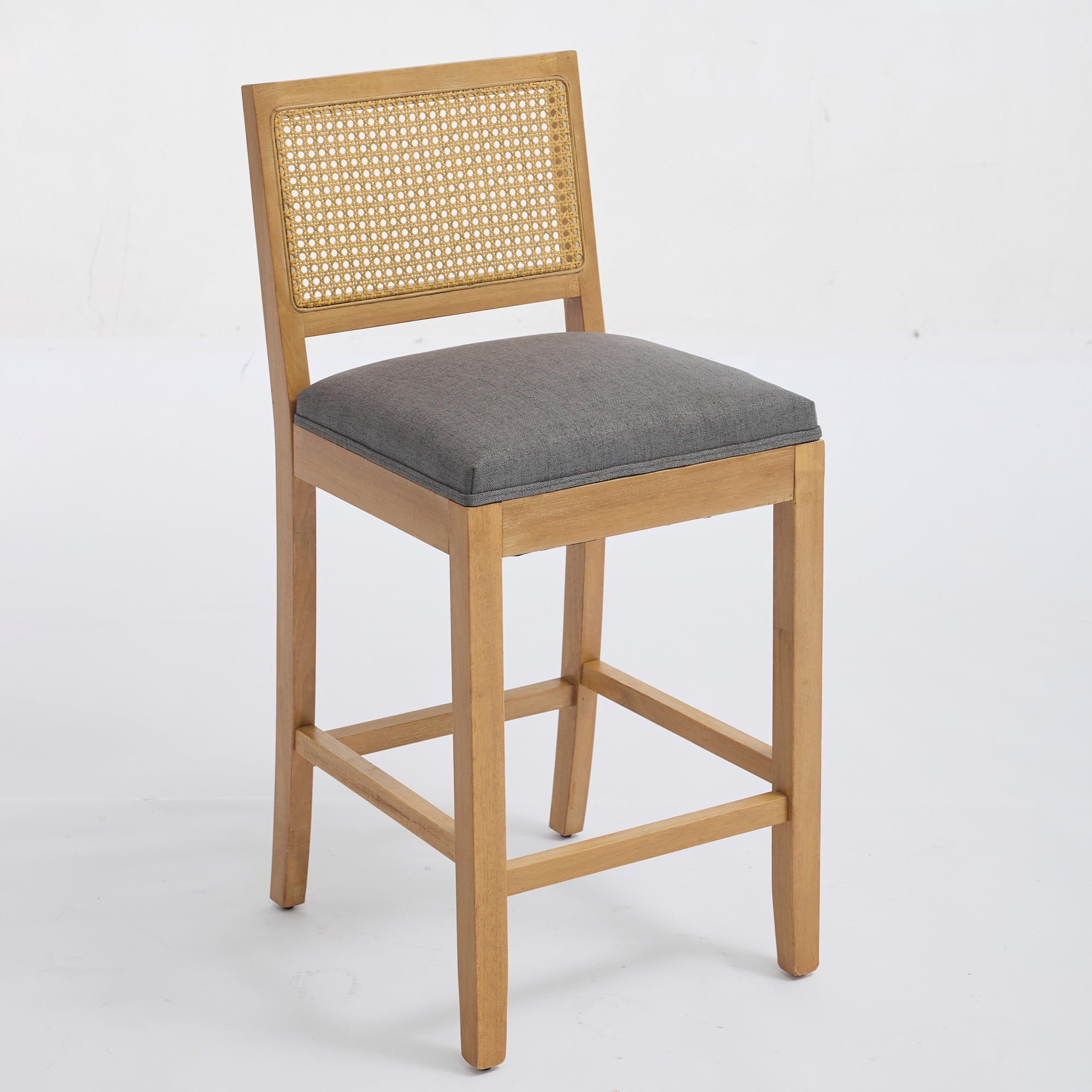 Set of 4 Solid Wood Rattan-Back Bar Stool, Matte Linen Cushion with High-Resilience Foam & S-Springs, Ideal for Rustic/Natural Style Kitchen Island, Low Bar in Dining Room & Café