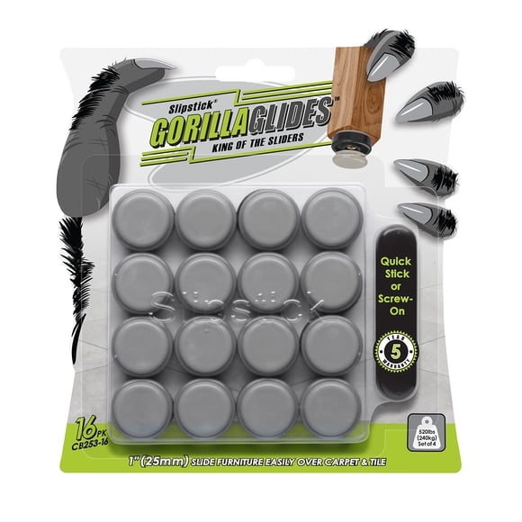 GorillaGlides 1 Inch (25mm) Chair Sliders/Floor Protectors (16 Furniture Glides) Screw-On or Self-Adhesive, for Sliding on Carpet