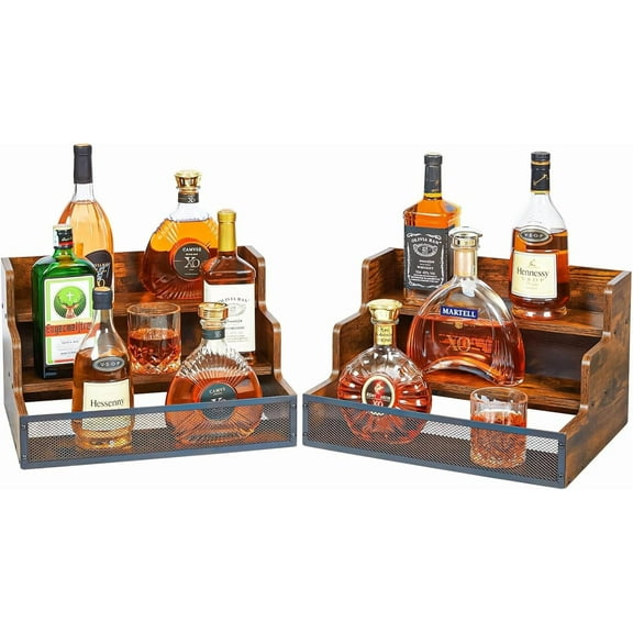 2 Pack 3 Step Countertop Liquor Bottle Display Shelf, Wood Bar Shelves 12 Bottles with Fences, Freestanding Storage Shelves for Liquor Whiskey Wine Coffee Syrup Display, Retro Wine Rack Home