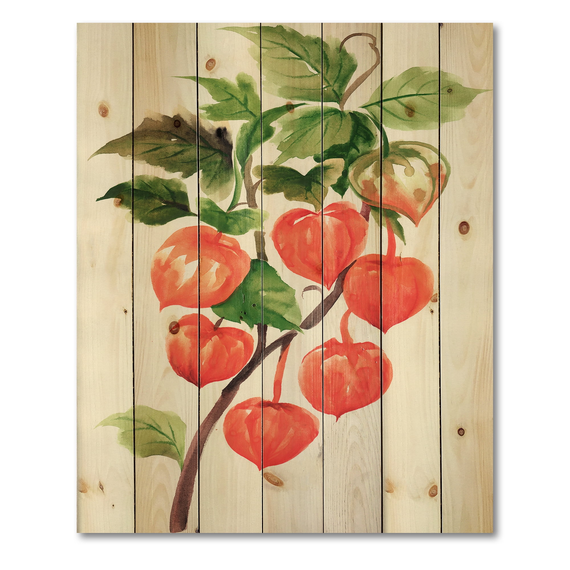 Designart 'A Red Physalis Branch' Traditional Print on Natural Pine Wood