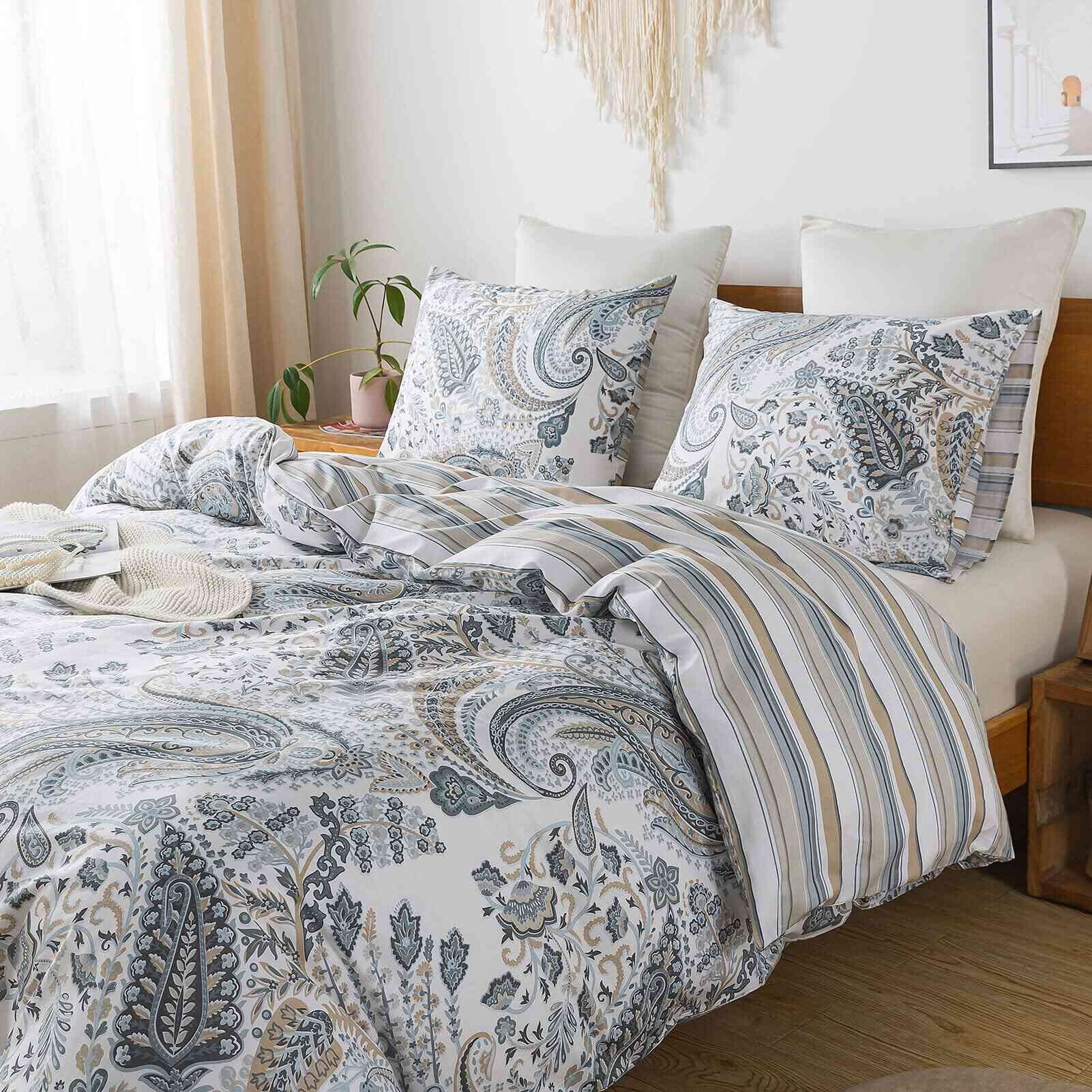 HoneiLife 3pc Duvet Cover King Size - 100% Cotton Comforter Floral Breathable Duvet Cover with Zipper Closure & Corner Ties, Dark Grey
