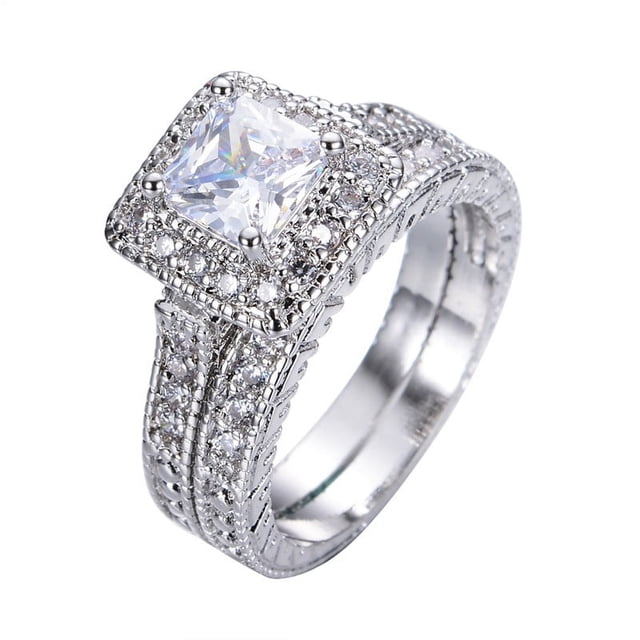 JeenMata Conjunto Nupcial de Moissanita de Corte Princesa de 1 Quilate - Conjunto Nupcial - Anillo Milgrain - Anillo Vintage - Anillo Halo - Oro Blanco de 18 K sobre Plata