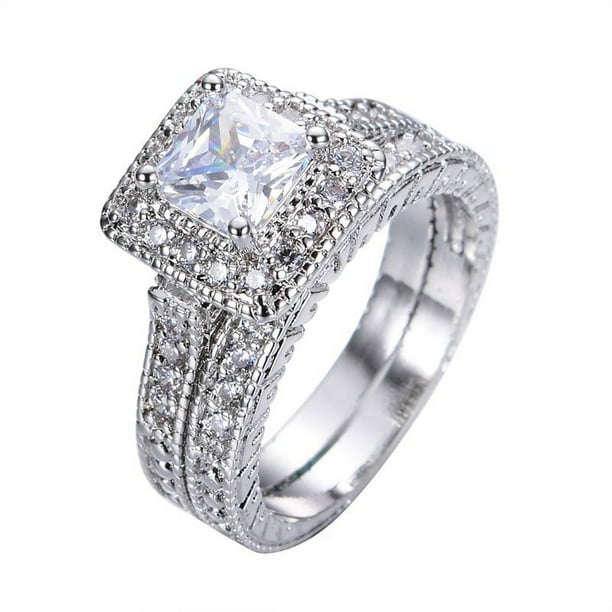JeenMata Conjunto Nupcial de Moissanita de Corte Princesa de 1 Quilate - Conjunto Nupcial - Anillo Milgrain - Anillo Vintage - Anillo Halo - Oro Blanco de 18 K sobre Plata