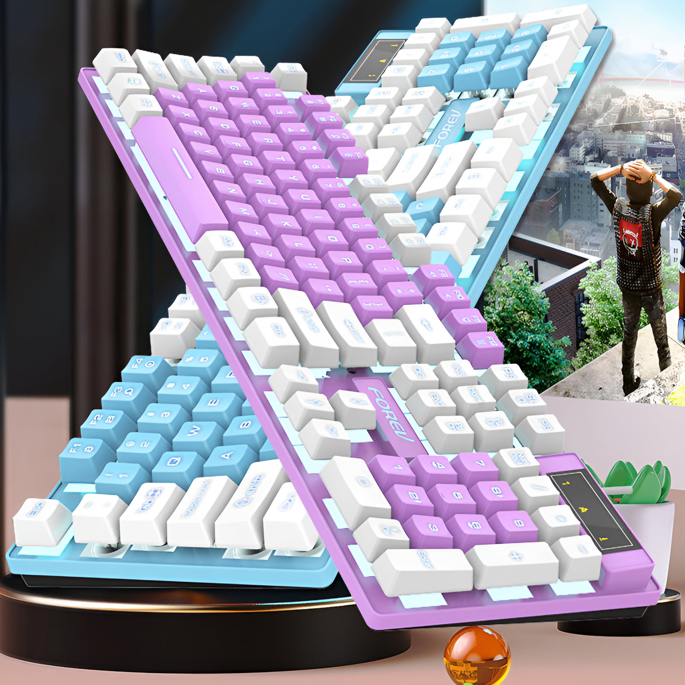 GJX 2026 New Gaming Keyboard,Ergonomic Mechanical Feel Usb Wired Keyboard,Slim Led Backlit Floating Design Spill-Resistant Abs Keycaps Rgb Media Controls,Blue