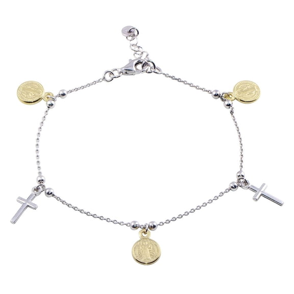 Two-Tone Plated Sterling Silver Dangling Cross Bead & Charm Bracelet