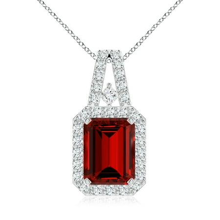 ANGARA Lab Grown 3 Ct Emerald-Cut Ruby Halo Pendant for Women in 14K White Gold (Size-9x7mm) | July Birthstone Birthday Anniversary Jewelry Gift for Women | Lab-Grown Ruby Necklace