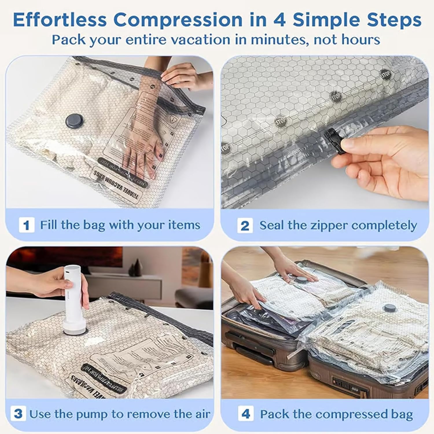Cordless Travel Vacuum Storage Compression Bag Set, Vacuum Travel Bags with Pump, Free Up 80% More Space, Reusable Space, for Clothing and Bedding