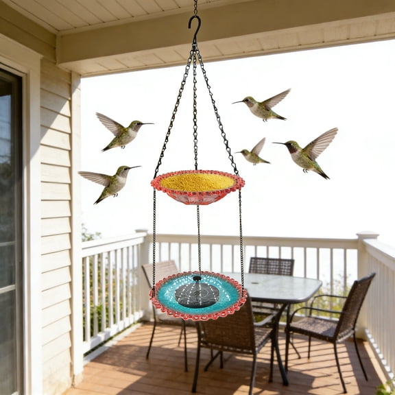 Hanging Bird Bath with Solar Fountain, 9.25" Double Layer Outdoor Birdbath Fountain, 27.6” Adjustable Height, Hummingbird Birdbath Fountain for Patio, Yard, Garden Decoration
