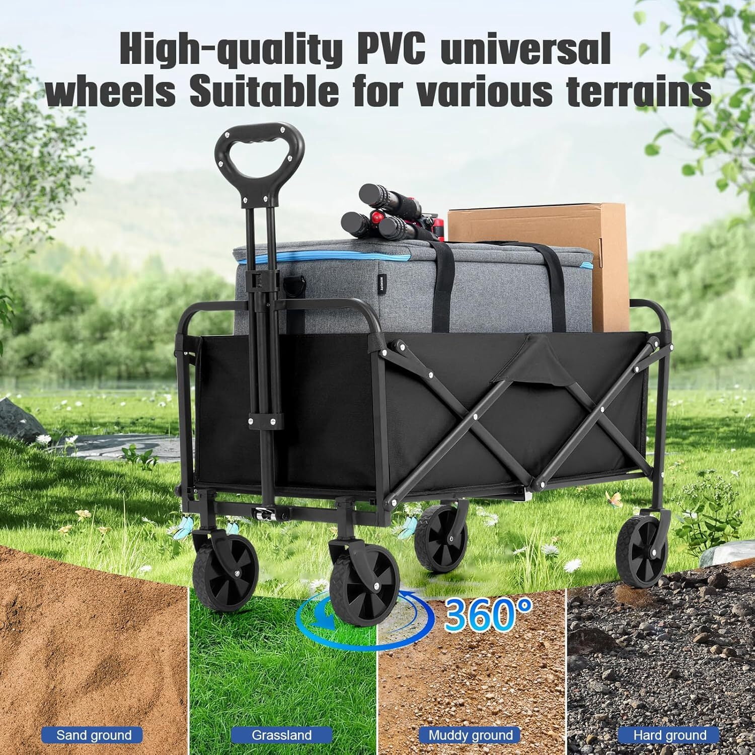 AENKYO Collapsible Folding Wagon, Heavy Duty Beach Cart, 220lb Weight Capacity for Sports and Camping