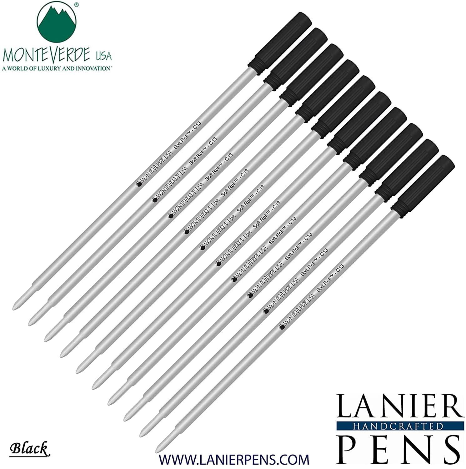 Lanier Combo Pack - 10 Pack - Monteverde Soft Roll Ballpoint C13 Paste Ink Refill Compatible with most Cross Style Ballpoint Pens - Black (Medium Tip 0.7mm)
