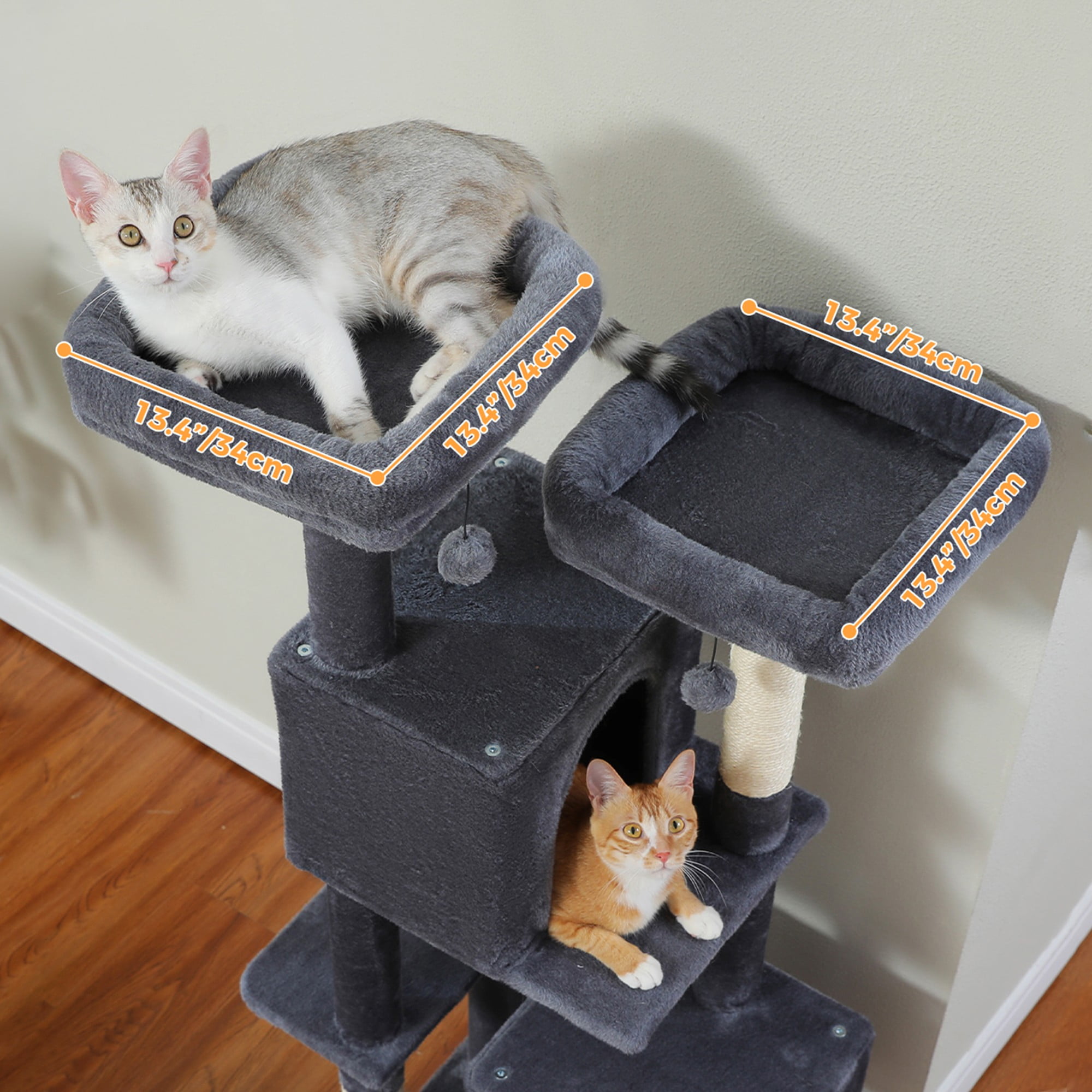 resenkos 52" Cat Tree Tower with 2 Scratching Posts, 2 Perches, 2 Caves, Pompoms, Multi-Level Plush Cat Condo for Indoor Cats, Gray