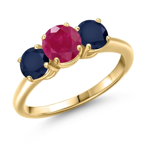 Gem Stone King 18K Yellow Gold Plated Silver Red Ruby and Blue Sapphire Engagement Ring for Women | 2.20 Cttw | Round 6MM | Gemstone July Birthstone | Size 7