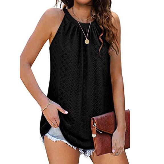 TEMOFON Tank Tops for Women Loose Fit High Neck Sleeveless Halter Tops Casual Pleated Eyelet Summer Flowy Cami Tanks Solid Color Black Size XL