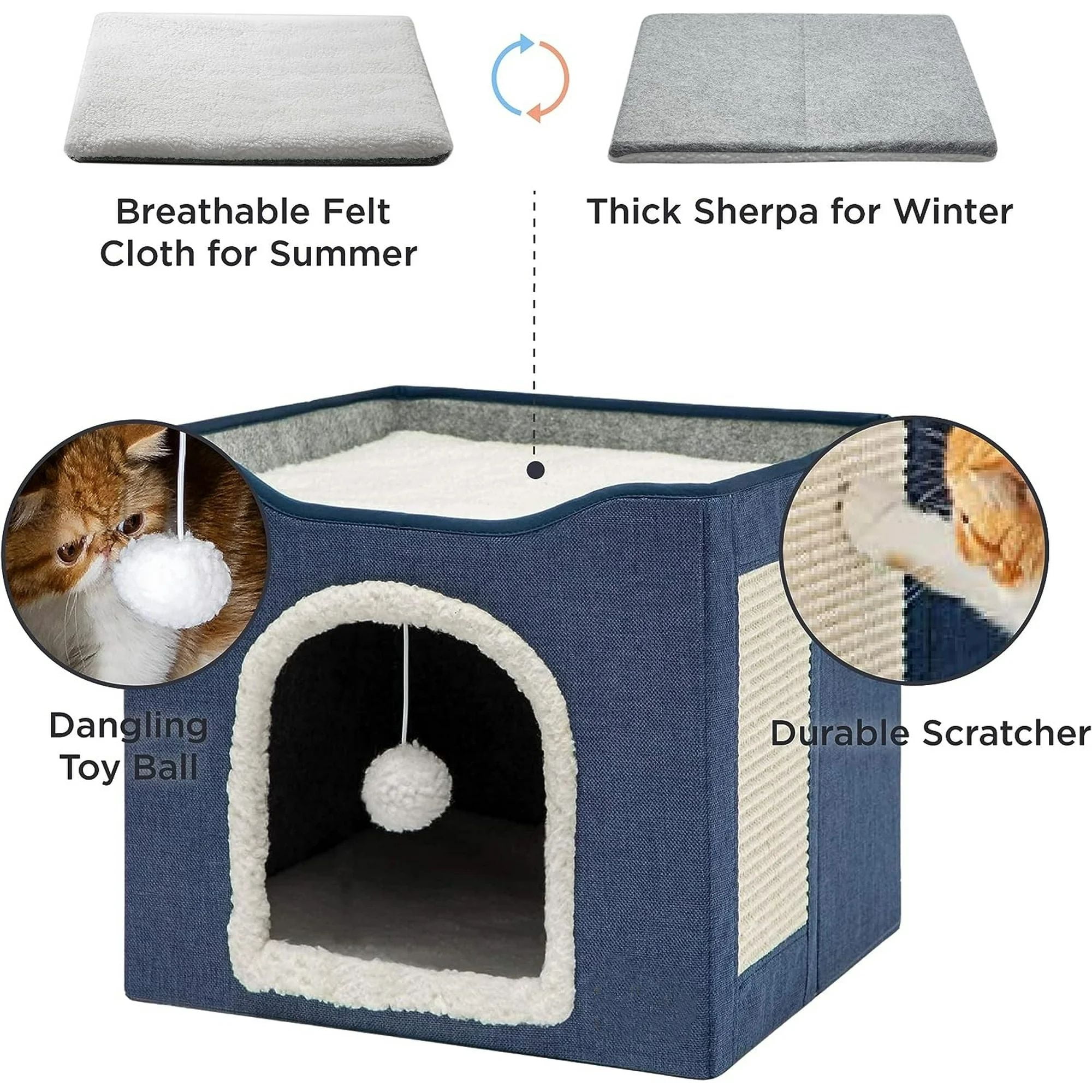 HDJ Cat Bed for Indoor Cats with Scratching Pad and Plush Ball, Pet, 6.5x16.5x14 Inches, Blue