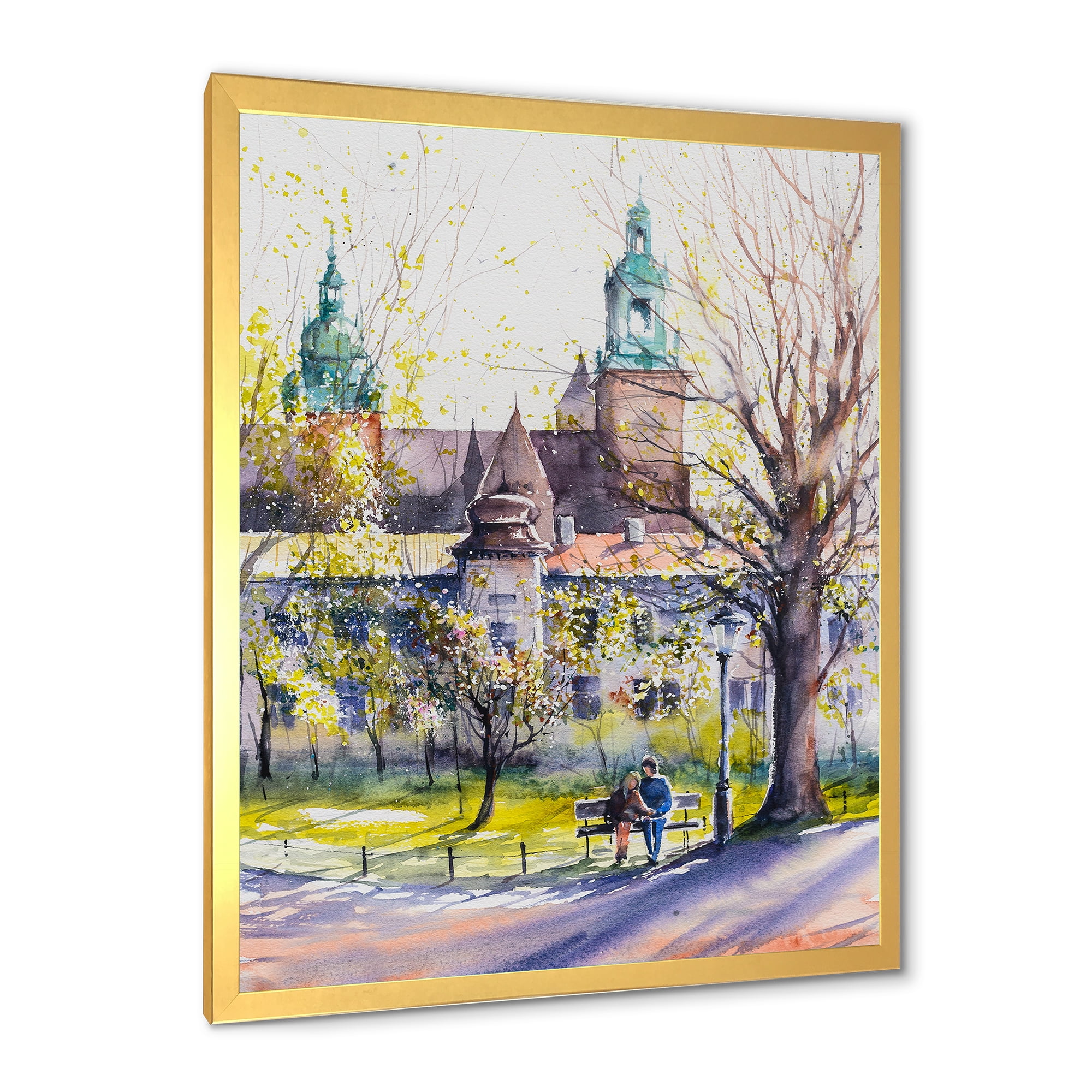 Designart 'Castel Through The Trees of The Park With Couple Sitting on Bench' Country Framed Art Print