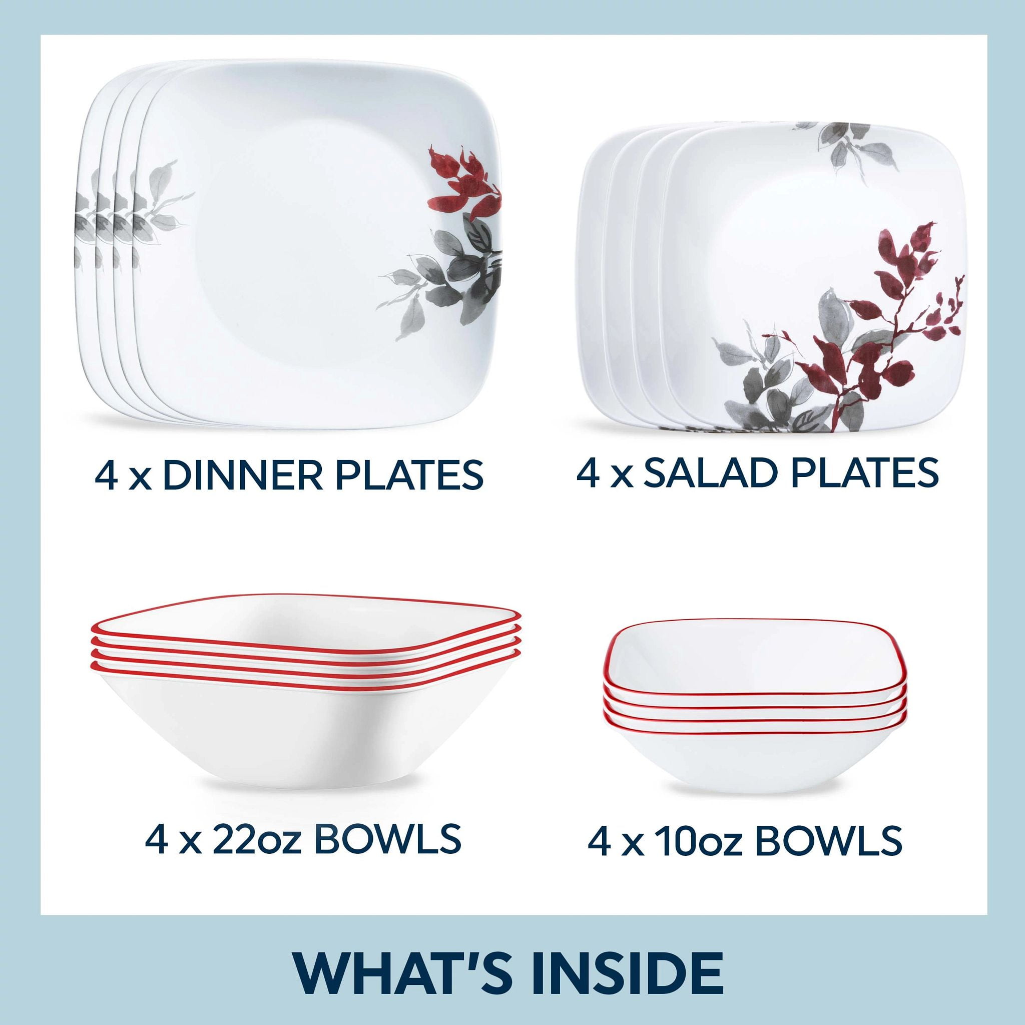 Corelle Kyoto Leaves 16-Piece Square Glass Dinnerware Set (Service for 4)