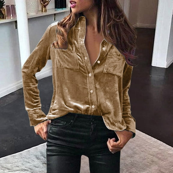 REORIAFEE Women Button Down V Neck Blouses Long Sleeve Solid Color Band Collar Pocket Shirts for Work Office Oversized Relaxed Fit Tops 2024 Clothing Trendy