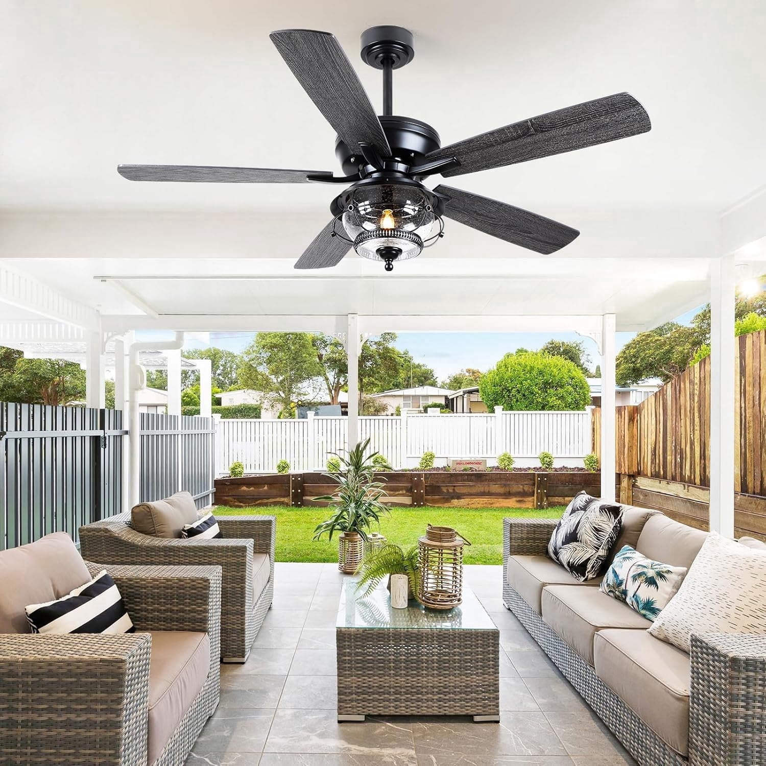 Phorus 52" Outdoor Ceiling Fan with Light – Wet Rated Waterproof, Rain-Proof, 6-Speed Reversible Motor, Remote Control, Black Modern Fan for Patio, Gazebo, Pergola, Porch