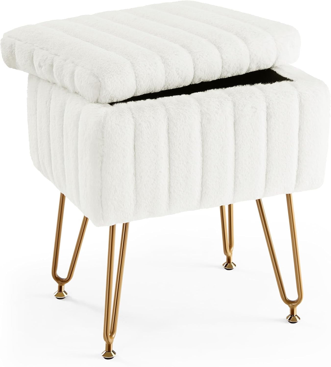 Simenmax Vanity Stool Chair with Storage, Ottoman Faux Fur Soft Padded Makeup Footstools Seat with 4 Metal Legs Anti-Slip Adjustable Feet Modern Cute Small Footrest for Home Entryway Bedroom,White