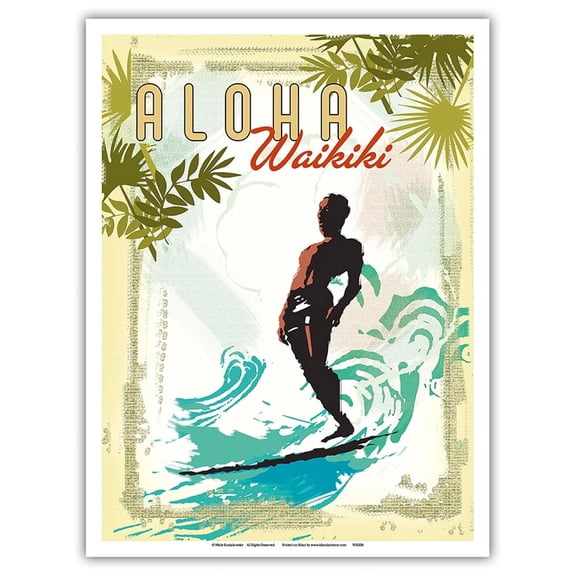 Aloha Waikiki - Hawaii Surfer On Wave - Vintage Travel Poster by Wade Koniakowsky - Master Art Print (Unframed) 9in x 12in