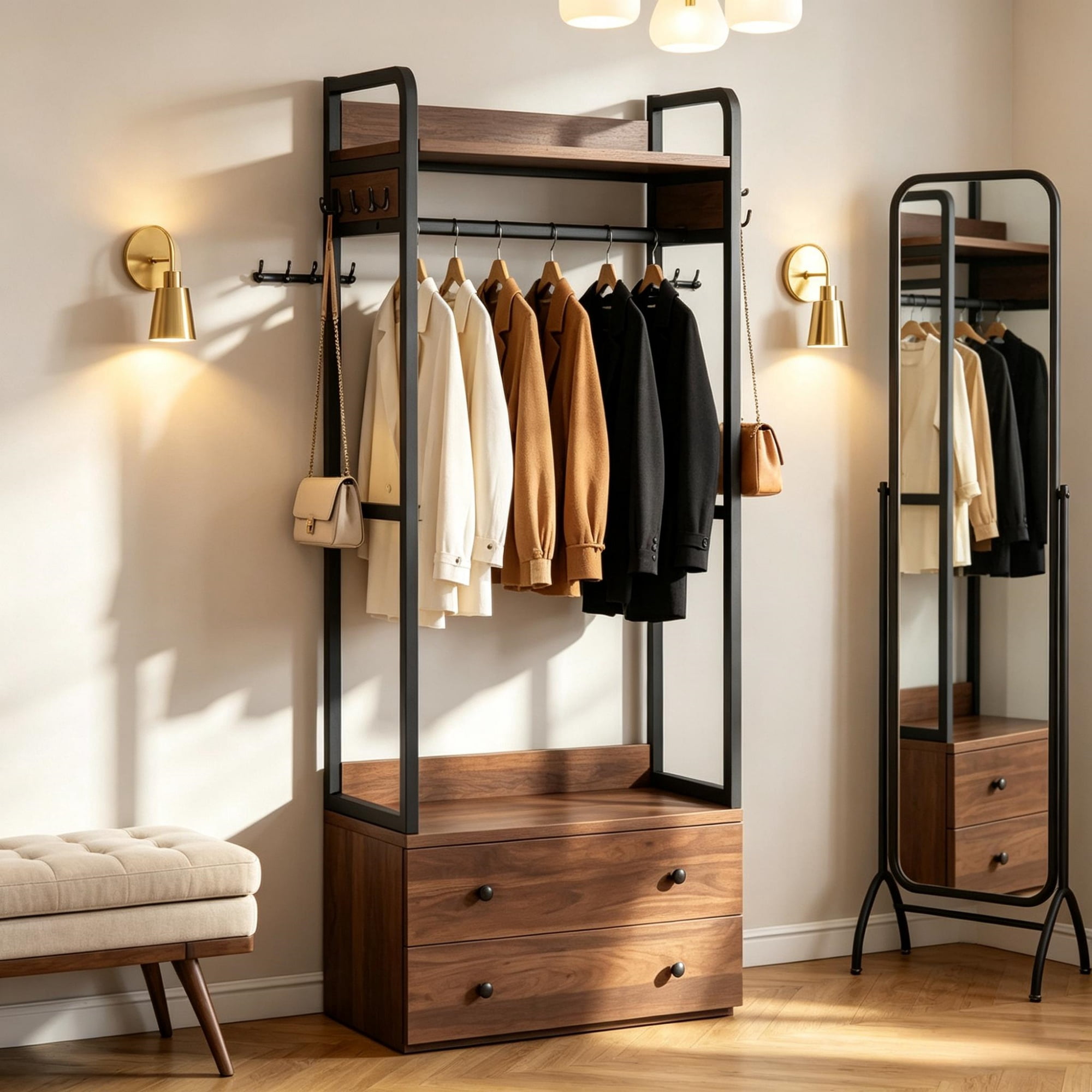 Freestanding Clothes Rack with 2 Drawers and 6 Hooks