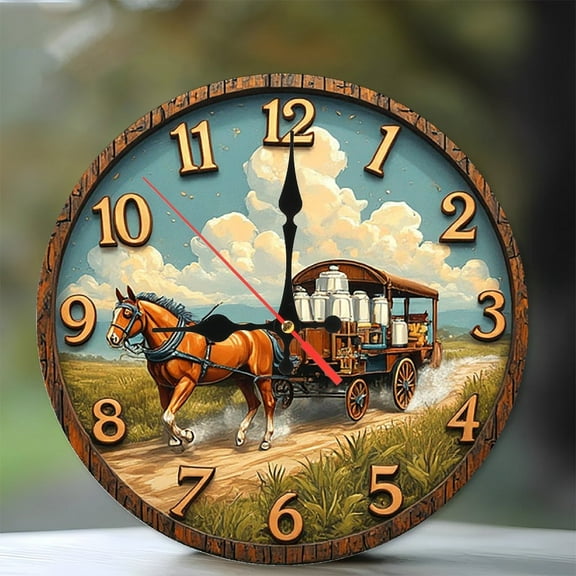 Farm Horse Cart Wall Clock Rustic Country Decor 10-Inch Silent Wooden Wall Clock, Battery Operated (AA Batteries Not Included), Artistic Home Decor