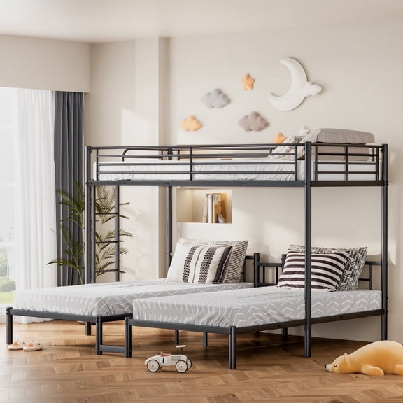VLDTDRDI 1500LBS Twin XL Over Twin Over Twin Bunk Bed for Kids,Metal Triple Bunk Bed, Heavy Duty Metal Bunk Bed Convertible to 3 Beds for Teens & Adults,Noise-Free,Black