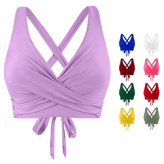 FINALGANG Womens Deep V Cross Back Solid Color Front Wrap Ruched Bikini Top Adjustable Tie Back Swim Top Minimal Basic Swim Tops For Beach Pool Vacation Stylish Swimwear S