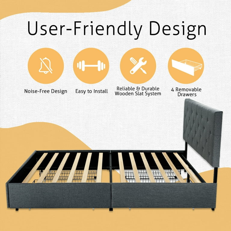 Sha Cerlin Dark Grey Queen Fabric Platform Bed Frame with 4