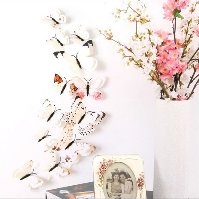 12pcs Colorful Simulation Butterfly Wall Stickers, Double-Layer 3D Wall Stickers, Bedroom Decorations