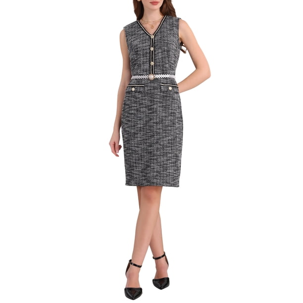 Vestido de tweed sin mangas para mujer INSPIRE CHIC 2025 Verano Oficina Trabajo Escote en V Vestidos Bodycon Lápiz XL Negro