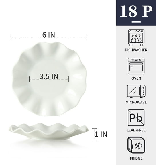 6 Inch Porcelain Appetizer Plates Set of 18, White Wave Rim Dessert Salad Plates for Snacks, Cake, Ice Cream, Microwave and Dishwasher Safe