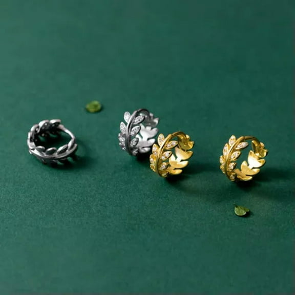 K-KED 925 Sterling Silver Zircon Leaves Hoop Earrings 9mm Small Hinged Sleeper Pair-Silver