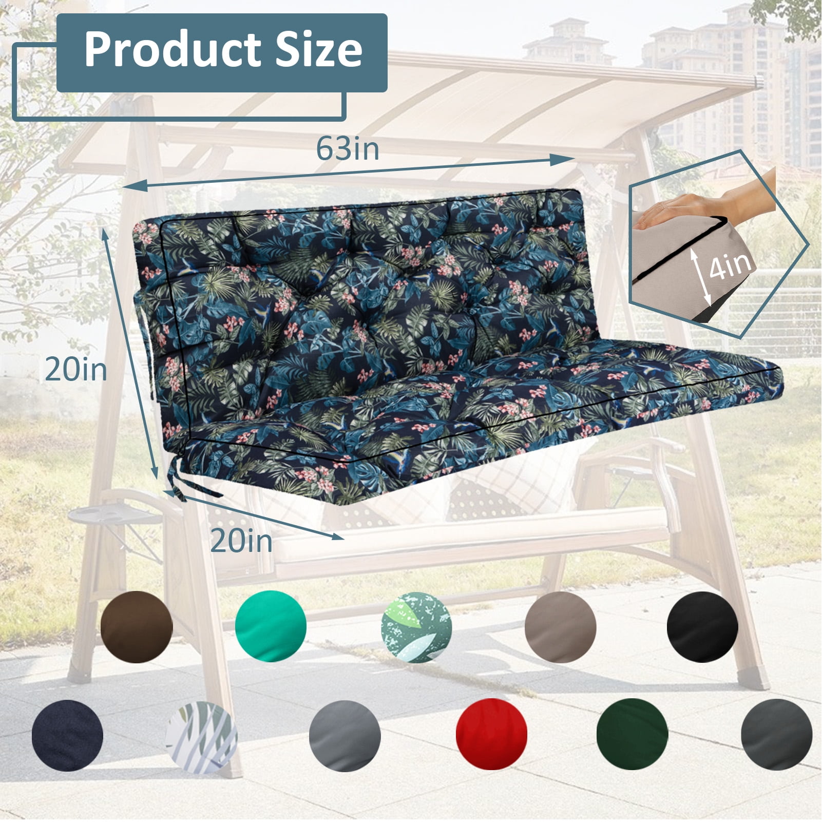 Porch Swing Cushion Thicken 4", 63" Swing Cushions 2-3 Seater Replacement, Waterproof Bench Cushions with Backrest, Anti-Fading Patio Swing Chair Pads for Outdoor Garden Furniture